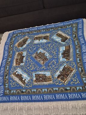 Roma Blue Souvenir Scarf with Gold and Brown Architectural Motifs